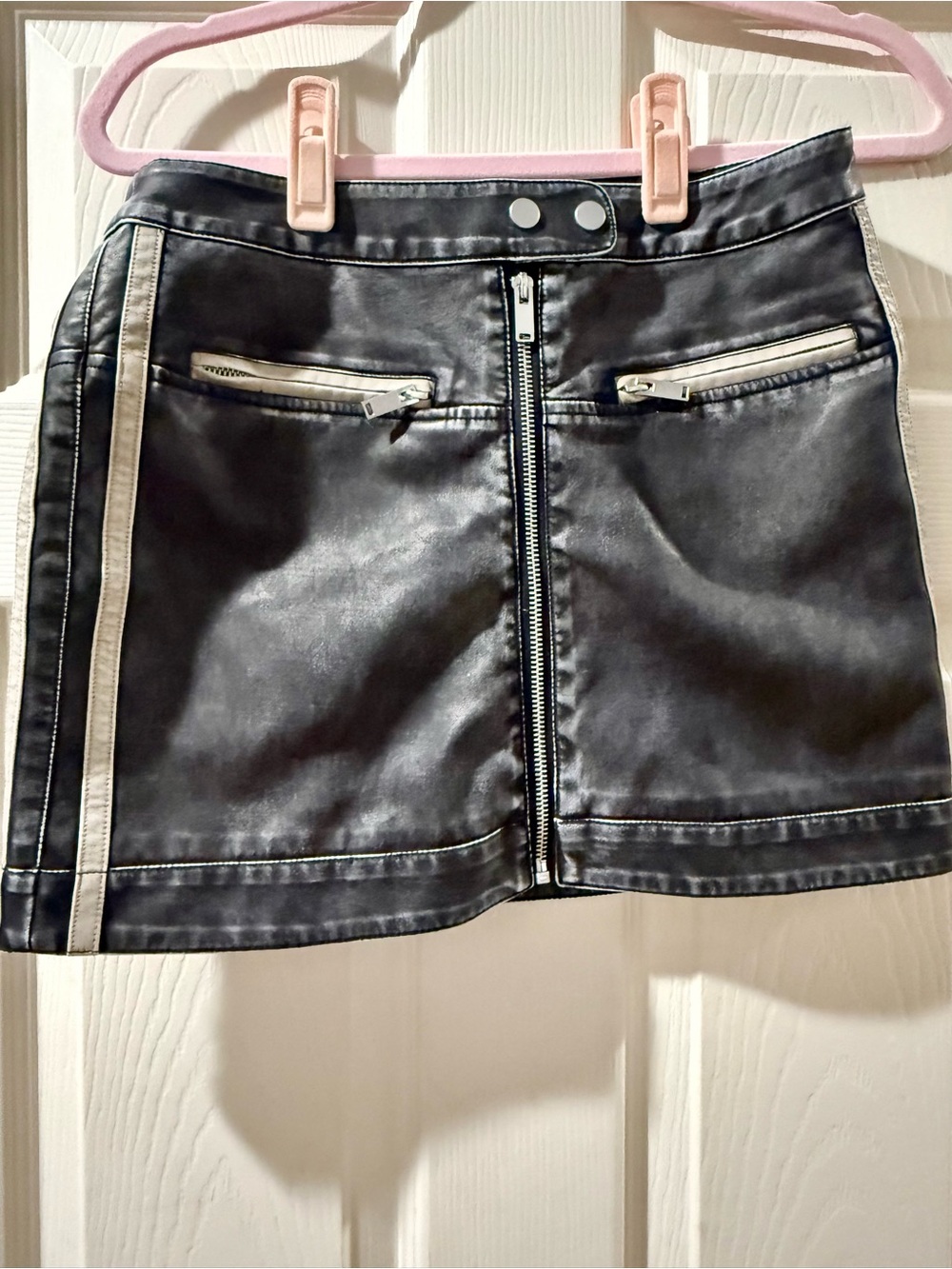 SO Black Faux Leather Mini Skirt with Cream Trim and Front Zip